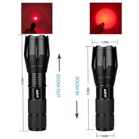 670nm Red Light Flashlight One Mode Long Range Zoomable For Hunting And Night Observation with zoom feature and measurements