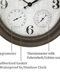 Close-up of 26 Inch Indoor And Outdoor Farmhouse Clock With Thermometer And Hygrometer All In One Weather Station in Grey Oak Finish