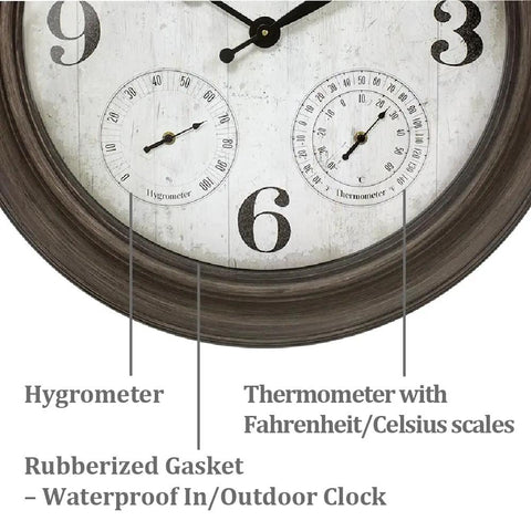 Close-up of 26 Inch Indoor And Outdoor Farmhouse Clock With Thermometer And Hygrometer All In One Weather Station in Grey Oak Finish