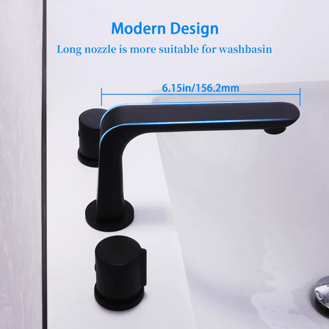 Three Piece Widespread Bathroom Faucet With 3 Holes Deck Mount Matte Black Finish, 360 Degree Swivel Spout, Dual Non Slip Handles
