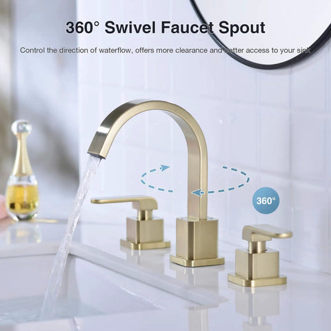 Sleek Brushed Gold 8 Inch Deck Mount Bathroom Faucet With 3-Hole Brass Square Waterfall Aerator, 2-Handle Design
