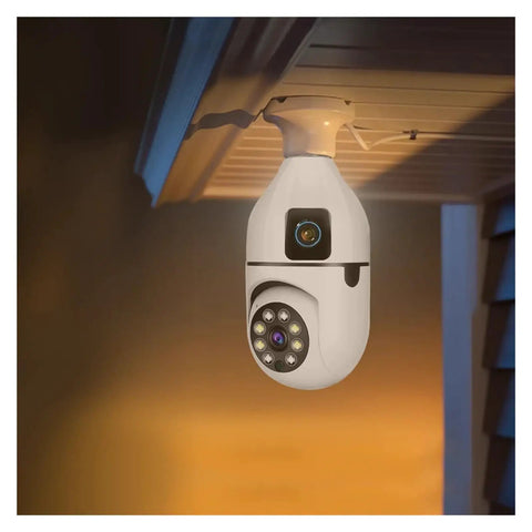 Top Shelf Dual Lens Bulb Wifi Security Camera With Zero Hassle Setup For Indoor Spaces Featuring Ai Human Tracking 360 Degree Pan 180 Degree Tilt Night Vision Plus Two Way Audio mounted on ceiling.