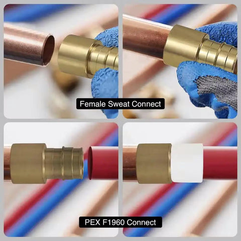 Close-up of Ten Piece PEX A To Three Quarter Inch Female Sweat Adapters F1960 Expansion Fittings Pack for connection types.