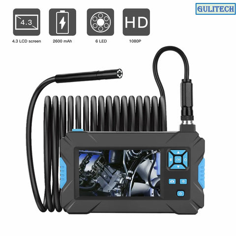 Top Notch Handheld Endoscope Offering Hella Sharp 1080P HD Viewing On A Solid 4.3 Inch Display And Badass Semirigid Snake Inspection Borescope With Five Meter Cable IP67 Waterproof Android IOS Ready Setup showing 4.3 LCD screen and camera.