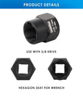 Close-up of a 13 Piece Impact Bolt And Nut Remover Kit socket with 3/8 inch drive size and hexagon seat for wrench.