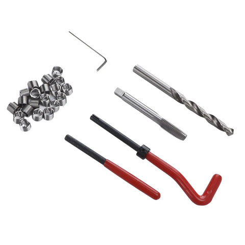 Thread Repair Kit M8x1 25mm With Coil Inserts, Drill Bit, And Hex Wrench, DIY Ready Tool Set For Stripped Threads, Auto Repair, Machinery Maintenance Now, coil inserts and tools on white