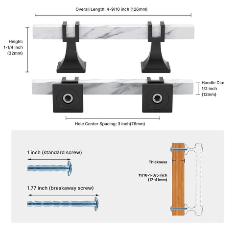Diagram of 10 Pack 3 Inch Marble Cabinet Pulls With White Marble Grain Finish showing dimensions and installation screws.