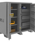 Hardcore Heavy Duty All Welded Steel Job Site Storage Cabinet Outdoor Secure Lockable Rack With Forklift Cutouts Fully Assembled And Weatherproof Paint showing open doors and shelves.
