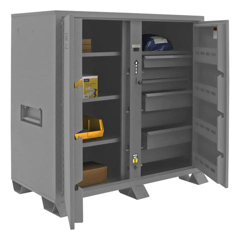 Hardcore Heavy Duty All Welded Steel Job Site Storage Cabinet Outdoor Secure Lockable Rack With Forklift Cutouts Fully Assembled And Weatherproof Paint showing open doors and shelves.