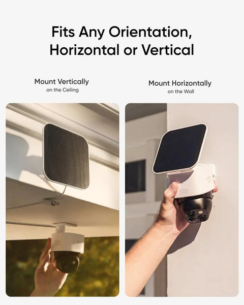 Dual Camera Solar Security System with Wireless Outdoor Cameras for Home 3K Clarity shown mounted vertically and horizontally