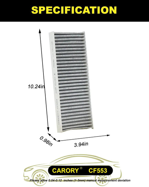 Nissan Frontier Cabin Air Filter With Activated Carbon For 2005-2025 showing dimensions and model CF553 for detailed specification.