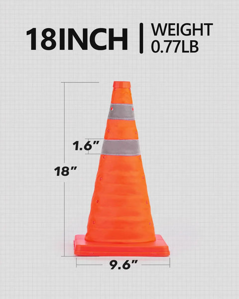 18-inch collapsible traffic cone with reflective collar, orange, PVC base 9.6" square, from 4 Pack 18 Inch Collapsible Traffic Cones With Reflective Collar Orange Pop Up Safety Cones For Road Parking And Driving Practice Multi Purpose Easy Storage Portable Durable.