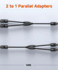 Image of Y Branch MC4 Parallel Connector Kit for Solar Panels, showing 2 to 1 parallel adapters with rivet lock plugs, 14-inch length.