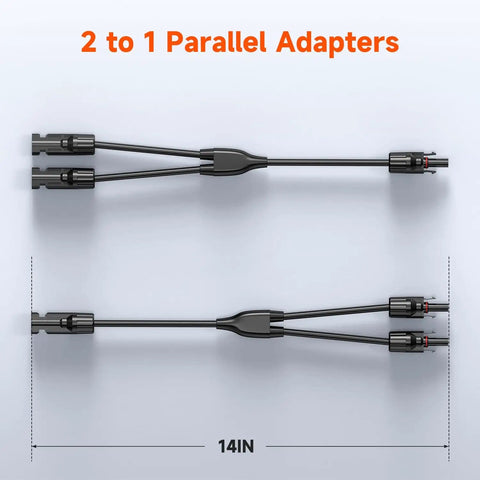 Image of Y Branch MC4 Parallel Connector Kit for Solar Panels, showing 2 to 1 parallel adapters with rivet lock plugs, 14-inch length.