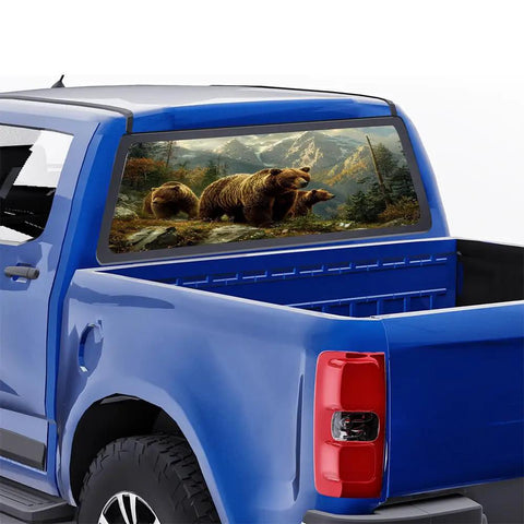 Rear Window Decal Wrap Graphic With Dope Vintage Mountain Forest Wildlife Theme For Pickup Trucks And SUVs 66 By 22 Inch Universal Fit Easy To Cut To Shape Car Back Window Sticker featuring bears in a mountain forest on a blue truck