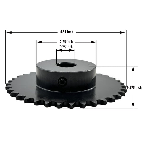 35B36 Type B Roller Chain Sprocket 36 Teeth Three Eighths Inch Pitch Three Quarter Inch Bore For ANSI 35 Chain Hardened 1045 Steel Anti Rust Drive Sprocket With Two Set Screws At 90 Degrees