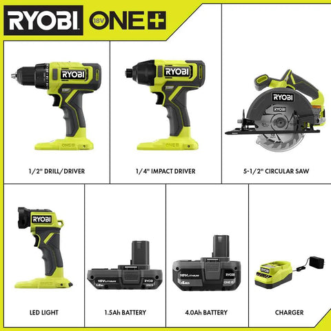 18V Cordless 4 Tool Combo Kit with 1.5Ah and 4.0Ah Batteries and Charger for DIY, Home Improvement, and Yard Work