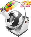 Knockout Tabletop Candy Coater With Silky Sugar Glazing And Quick Blower System For Sweet Small Batch Sweets 180 Watt Motor 1000 Watt Heater 3 To 6 Kilos Per Hour with colorful candy and stainless steel design.