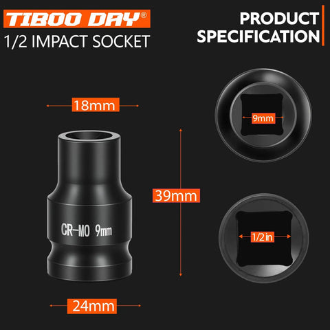 Premium Pick 1/2 Drive 9Mm Standard Impact Socket Crafted From Heavy Duty Cr Molybdenum Steel For Hella Tough Repairs And Rock Solid Shop Builds showing size specifications.
