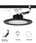Warm White 2700K LED High Bay Light 150W Full Spectrum UFO Shop Light with power cord, hook ring, and safety cable.