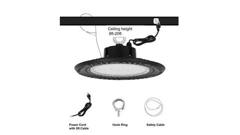Warm White 2700K LED High Bay Light 150W Full Spectrum UFO Shop Light with power cord, hook ring, and safety cable.