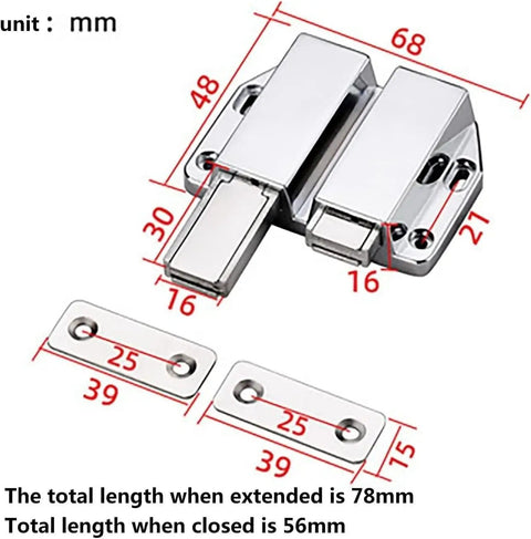 Dimensions of Magnetic Cabinet Push Open Latch Set Heavy Duty Door Catch and Drawer Closer with Built In Magnet and Long Stroke