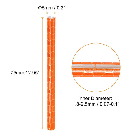 Close-up of Spoke Skins Reflective Covers for Bikes and Dirt Bikes 72 pack, orange, plastic, 5mm OD, 75mm length, 360-degree visibility.
