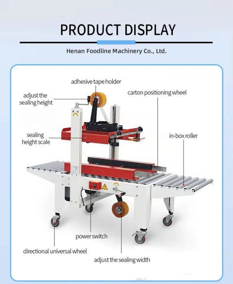 Automatic Carton Sealer With Size Adjustment For Heavy-Duty Shipping, No-Nonsense Box Sealing Machine With Adjustable Width, Tape Apply And Cut Function, Perfect For Commercial Packaging Lines, white and red roller conveyor