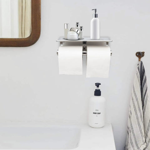Two In One Bathroom Organizer Lifesaver Dual Toilet Paper Holder With Built In Shelf And 3M Adhesive Tape Rust Resistant Aluminum mounted