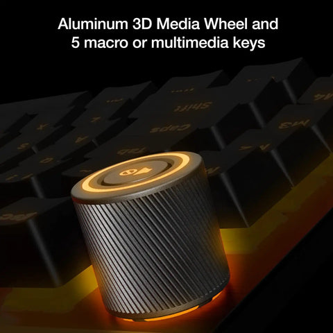 Smooth Riding Mechanical Gaming Keyboard With Ultra Quiet Linear Switches, featuring aluminum 3D media wheel and macro keys.