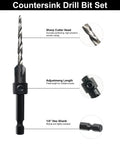 Countersink drill bit set with 1/4-inch hex shank and adjustable-length collar, front view