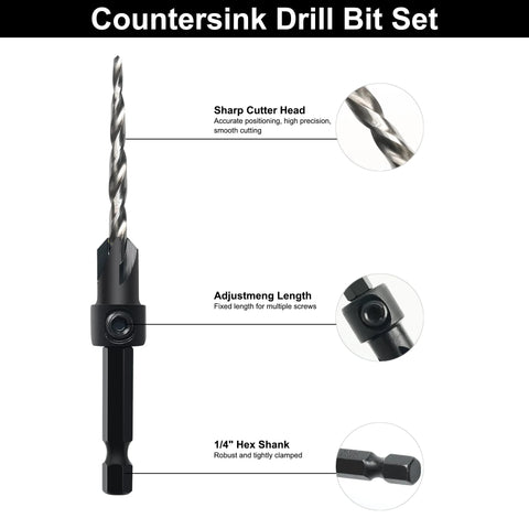 Countersink drill bit set with 1/4-inch hex shank and adjustable-length collar, front view