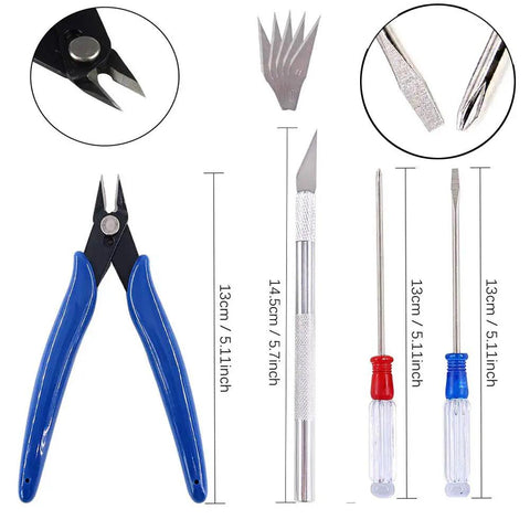44 Piece Gundam Model Tools Kit For Hobbyists featuring knife, nippers, screwdriver, and dimensions for model building