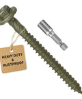 Heavy-Duty #14 Timber Screws With Hex Socket Heads, Green Zinc Coated Rust Resistant Finish, showing label and drill bit.