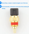 Coolant temperature sensor with brass threaded body and black plastic connector, close-up view