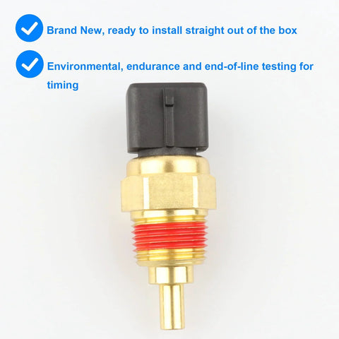 Coolant temperature sensor with brass threaded body and black plastic connector, close-up view