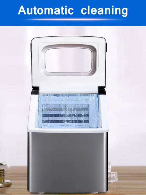 Portable Countertop Ice Maker Cranks Out 55 Pounds Of Fast Freezing Cubes In 24 Hours With LED Display And Auto Shut Off Feature Party Ready Design, showing automatic cleaning feature.
