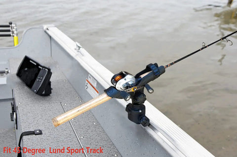 Power Lock Rod Holder For 45 Degree Boat Track System That Fits Lund Sport Track G3 Lowe Ranger Crestliner Gunnel Tracks Heavy Duty UV Stabilized Fiberglass Reinforced Polymer For Durability Easy Install And Quick Move on a boat gunnel