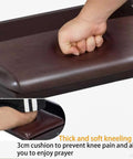 Solid Wood Prayer Kneeler Bench With Soft Kneeling Pad Cozy Home Church Stool With Built In Book Shelf Ergonomic Sturdy Kneeling Prayer Seat For Daily Devotion And Bible Reading close-up of cushioned kneeling pad showing hand pressing foam and knee resting on cushion