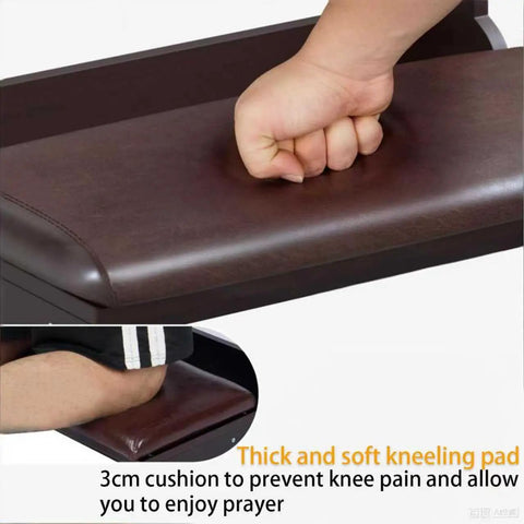 Solid Wood Prayer Kneeler Bench With Soft Kneeling Pad Cozy Home Church Stool With Built In Book Shelf Ergonomic Sturdy Kneeling Prayer Seat For Daily Devotion And Bible Reading close-up of cushioned kneeling pad showing hand pressing foam and knee resting on cushion