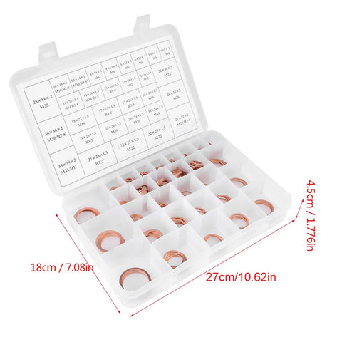 Must Have 570 Pcs Copper Flat Washers Set With Plastic Storage Box, 30 Sizes Crush Washers For Oil Drain Plugs And Gaskets, Automotive And Machinery Seals, Leak Proof Fit For Plumbing, 27x18x4.5cm case