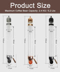 Top Notch Wall Mounted Coffee Bean Dispenser Featuring A Roomy Glass Tube Smooth Wood Lever For Mess Free Portions Hassle Free Kitchen Storage Jar That Shaves Counter Space For Beans Tea Candy Silver size guide showing three tube variations with dimensions.
