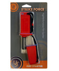 Packaging of orange StrikeForce Fire Starter With Tinder For Camping And Outdoor Survival Go To Gear with striker and lanyard.