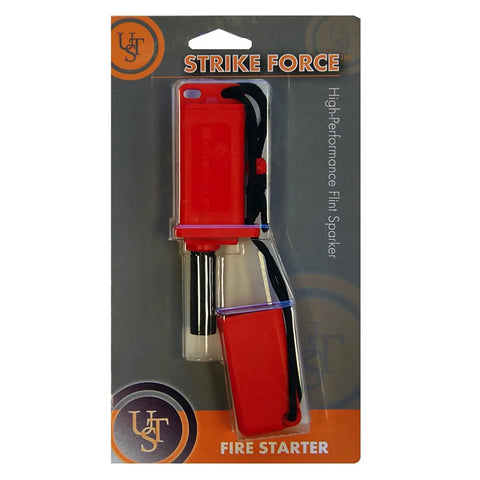 Packaging of orange StrikeForce Fire Starter With Tinder For Camping And Outdoor Survival Go To Gear with striker and lanyard.