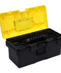 13 Inch Plastic Toolbox With Secure Locking Latch Ergonomic Handle Detachable Tray And Padlock Ready Design open view