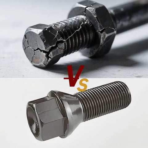 Comparison of worn bolt versus new 4 Piece M14 X 1.25 Wheel Lug Bolt Stud Kit, 48mm Overall Length, Conical Seat, OEM 36136781151