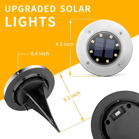Dimensions of 8 Pack Outdoor Solar Ground Lights Waterproof for Pathways Driveways Patios and Backyards Landscape Lighting front and back
