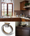 Kitchen cabinets with 6 Pack Brushed Nickel Ring Drawer Pulls Stainless Steel Cabinet Handles for easy installation on drawers and doors.
