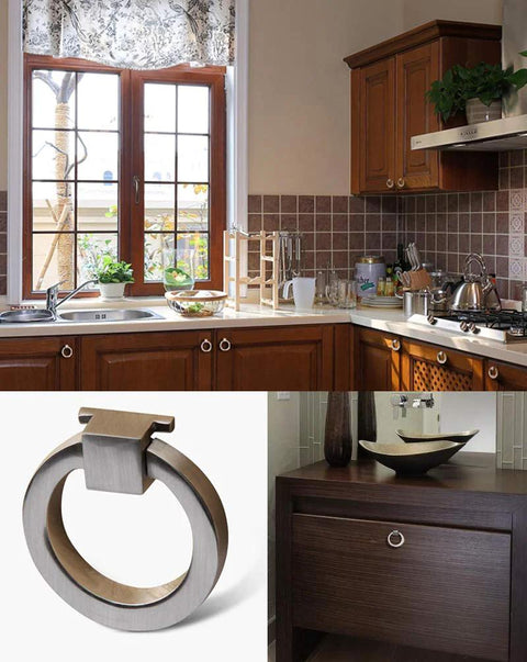 Kitchen cabinets with 6 Pack Brushed Nickel Ring Drawer Pulls Stainless Steel Cabinet Handles for easy installation on drawers and doors.