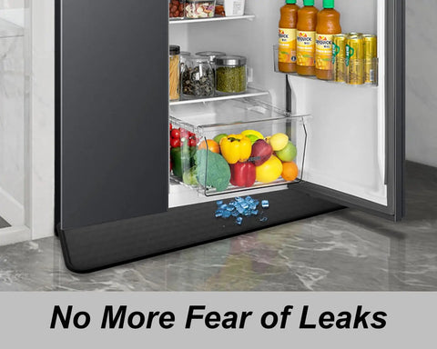 Heavy Duty Fridge Drip Pan And Leak Catcher Mat To Shield Floors From Watery Messes And Keep Your Place Bone Dry Non Slip Silicone Appliance Mat For Washer Or Freezer In Tough Black under refrigerator with spilled ice.
